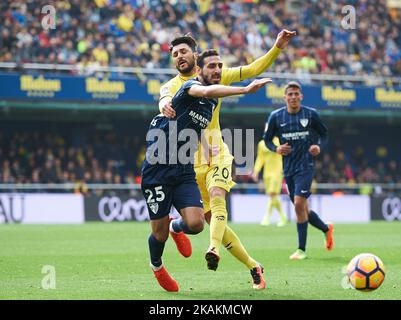 Roberto Soriano von Villarreal CF und Jose Rodriguez von Malaga CF während ihres La Liga-Spiels zwischen Villarreal CF und Malaga CF am 12. Februar 2017 im Estadio de la Ceramica in Vila-real, Spanien. (Foto von Maria Jose Segovia/NurPhoto) *** Bitte nutzen Sie die Gutschrift aus dem Kreditfeld *** Stockfoto