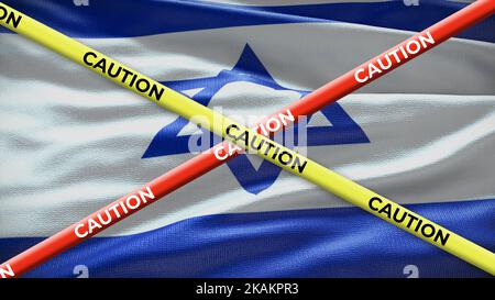 Israelische Nationalflagge mit gelbem Klebeband. Ausgabe in den Ländernachrichten. 3D Abbildung. Stockfoto