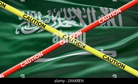 Nationalflagge des Landes Saudi-Arabien mit gelbem Klebeband. Ausgabe in den Ländernachrichten. 3D Abbildung. Stockfoto