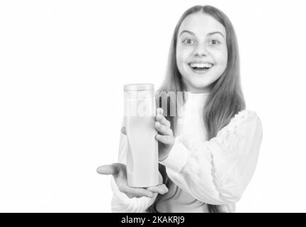 Beauty kosmetisches Produkt Duschgel in der Hand des Kindes kopieren Raum selektiven Fokus, Werbung. Stockfoto