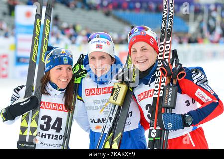 (Links-rechts) Charlotte Kalla (SWE), Marit Bjoergen (NOR) und Astrad Uhrenholdt Jacobsen (NOR) - Podium - Damen-Langlauf 10,0km Einzel-Classic-Finale, bei der FIS Nordischen Ski-Weltmeisterschaft 2017 in Lahti. Am Dienstag, den 28. Februar 2017, in Lahti, Finnland. Foto von Artur Widak *** Bitte nutzen Sie die Gutschrift aus dem Kreditfeld *** Stockfoto