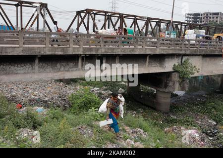 Dhaka, Bangladesch. 3.. November 2022. Eine Frau sammelt Plastikmüll aus Müll, um Plastik zu recyceln. (Bild: © Md. Rakibul Hasan/ZUMA Press Wire) Stockfoto