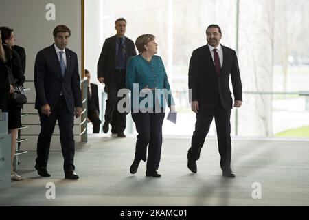 Bundeskanzlerin Angela Merkel und der libanesische Premierminister Saad Hariri kommen am 4. April 2017 in Berlin an, um eine Erklärung vor den Medien zu halten. (Foto von Emmanuele Contini/NurPhoto) *** Bitte benutzen Sie die Gutschrift aus dem Kreditfeld *** Stockfoto