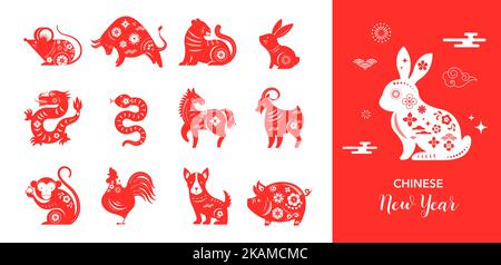 Chinesisches Neujahr 2023 Jahr des Kaninchens - rote traditionelle chinesische Tierkreiszeichen Illustrationen. Lunar New Year Konzept, modernes Design. Übersetzung: Glücklich Stock Vektor