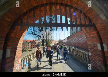 Blick auf den Eingang zur Burg Wawel, wo jede Stunde Hunderte von Menschen vorbeikommen, um am mit Kränzen bedeckten Sarkophag in der Krypta der Kathedrale von Schloss Wawel, wo Präsident Lech Kaczynski und die First Lady Maria Kaczynska zur Ruhe gebracht wurden, ihren Respekt zu zollen, Abgebildet am Tag des 7.. Jahrestages der Smolensk-Crashkatastrophe. In den frühen Morgenstunden, am 10.. April 2010, stürzte ein TU-154M-Flugzeug in Smolensk (Russland), 1km km von der Start- und Landebahn, bei nebligen Wetterbedingungen ab und tötete alle 96 Passagiere an Bord, darunter den polnischen Präsidenten Lech Kaczynski und seine Frau, die ehemalige Presi Stockfoto