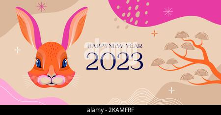 Chinesisches Neujahr 2023 Jahr des Kaninchens - traditionelle chinesische Designs mit Kaninchen, Hasen. Lunar New Year Konzept, modernes Design. Übersetzung Stock Vektor