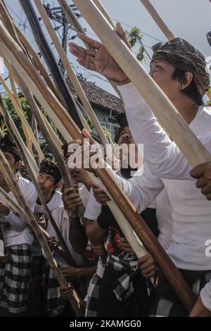 Junge Dorfbewohner versuchen während des Mekotek-Rituals, das von balinesischen Hindus im Dorf Munggu am 15. April 2017 in Badung, Bali, Indonesien, praktiziert wurde, eine hölzerne Pyramide aus Stäben zu machen. Das Mekotek-Ritual ist eine traditionelle Zeremonie im Dorf Munggu, bei der der symbolische Sieg des Guten (Dharma) gegen das Böse (Adharma) gefeiert wird, bei dem die Teilnehmer wiederholt auf eine hölzerne Pyramide aus Stäben klettern, wie sie von Zelebranten von einem Tempel zum anderen getragen wird. (Foto von Johanes Christo/NurPhoto) *** Bitte nutzen Sie die Gutschrift aus dem Kreditfeld *** Stockfoto
