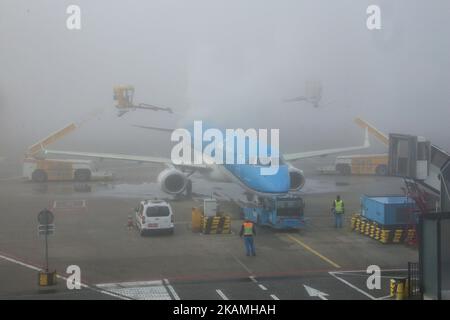 Verschiedene Bilder während eines nebligen Tages im Flughafenterminal, an den Toren, außerhalb des Terminals und auf dem Vorfeld mit verschiedenen Flugzeugen und Fluggesellschaften im internationalen Flughafen Amsterdam, Schiphol. Schiphol ist mit 63,6 Millionen Passagieren pro Jahr der größte Flughafen der Niederlande und einer der wichtigsten in Europa. (Foto von Nicolas Economou/NurPhoto) *** Bitte nutzen Sie die Gutschrift aus dem Kreditfeld *** Stockfoto