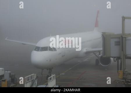 Verschiedene Bilder während eines nebligen Tages im Flughafenterminal, an den Toren, außerhalb des Terminals und auf dem Vorfeld mit verschiedenen Flugzeugen und Fluggesellschaften im internationalen Flughafen Amsterdam, Schiphol. Schiphol ist mit 63,6 Millionen Passagieren pro Jahr der größte Flughafen der Niederlande und einer der wichtigsten in Europa. (Foto von Nicolas Economou/NurPhoto) *** Bitte nutzen Sie die Gutschrift aus dem Kreditfeld *** Stockfoto