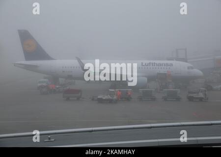 Verschiedene Bilder während eines nebligen Tages im Flughafenterminal, an den Toren, außerhalb des Terminals und auf dem Vorfeld mit verschiedenen Flugzeugen und Fluggesellschaften im internationalen Flughafen Amsterdam, Schiphol. Schiphol ist mit 63,6 Millionen Passagieren pro Jahr der größte Flughafen der Niederlande und einer der wichtigsten in Europa. (Foto von Nicolas Economou/NurPhoto) *** Bitte nutzen Sie die Gutschrift aus dem Kreditfeld *** Stockfoto