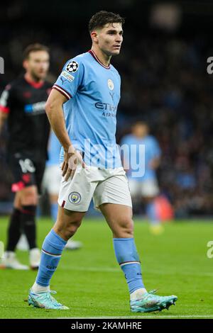 Manchester, Großbritannien. 02.. November 2022. Julian Alvarez von Manchester City während des UEFA Champions League-Spiels zwischen Manchester City und Sevilla im Etihad Stadium, Manchester, England am 2. November 2022. Foto von Ben Wright. Nur zur redaktionellen Verwendung, Lizenz für kommerzielle Nutzung erforderlich. Keine Verwendung bei Wetten, Spielen oder Veröffentlichungen einzelner Clubs/Vereine/Spieler. Kredit: UK Sports Pics Ltd/Alamy Live Nachrichten Stockfoto