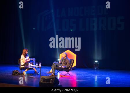 Der französische Schriftsteller Michel Houellebecq spricht in seinen Romanen am 21. April 2017 in der Termica in Malaga während der "La Noche de los libros" über Religion. (Foto von Guillaume Pinon/NurPhoto) *** Bitte nutzen Sie die Gutschrift aus dem Kreditfeld *** Stockfoto