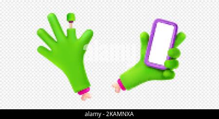 Grüne Zombie Hand hält Handy mit leerem Bildschirm. Halloween-Icons mit gruseligen Monstern Arme mit Smartphone und offener Handfläche, 3D Vektor illustrat Stock Vektor