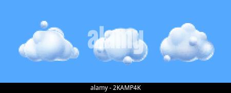 3D Render weiße Wolken, süße flauschige Spindrift abgerundete Cumulus Wirbel. Fliegendes Wetter und Natur Design Elemente Ballons isoliert auf blauem Hintergrund, Stock Vektor