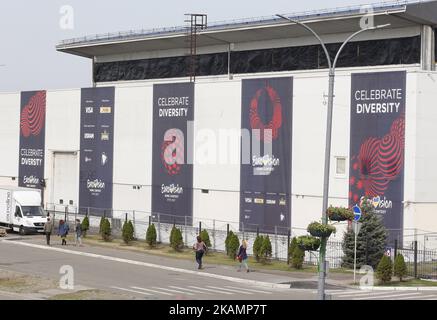 Blick auf das Internationale Ausstellungszentrum in Kiew, Ukraine, 28. April 2017. Der Eurovision Song Contest (ESC) 2017 besteht aus zwei Halbfinalen, die am 9. Und 11. Mai stattfinden, und einem großen Finale, das am 13. Mai im Internationalen Ausstellungszentrum in Kiew stattfinden wird. (Foto von STR/NurPhoto) *** Bitte nutzen Sie die Gutschrift aus dem Kreditfeld *** Stockfoto