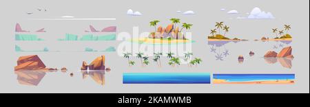 Tropische Insel Landschaft Konstruktor für Spiel. Set von Natur Grafik Design-Elemente. Isoliertes Meerwasser, Palmen Wolken, fliegende Vögel, Felsen und Stock Vektor