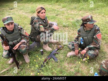 In der Ausbildungsbasis Bnaslawa südlich von Erbil, der Hauptstadt Irakisch-Kurdistans, absolvieren Männer und Frauen Peschmerga-Truppen Trainings, viele haben bereits Stadtkrieg erlebt und lernen neue Fähigkeiten. Hier werden Männer und Frauen von deutschen, niederländischen, französischen und italienischen Streitkräften ausgebildet, die den Peschmerga eine berufliche Ausbildung ermöglichen. Sie trainieren Peschmerga auf koalitionsversorgten schweren Waffen, Schieß- und Schlachtfeldmanövern, städtischer Kriegsführung, improvisierter Erkennung und Verbreitung von Sprengstoffen und medizinischer Hilfe. Die Basis ist eine wichtige Einrichtung, da sie in Zusammenarbeit mit der Stockfoto