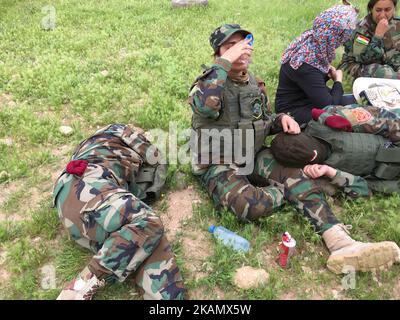 In der Ausbildungsbasis Bnaslawa südlich von Erbil, der Hauptstadt Irakisch-Kurdistans, absolvieren Männer und Frauen Peschmerga-Truppen Trainings, viele haben bereits Stadtkrieg erlebt und lernen neue Fähigkeiten. Hier werden Männer und Frauen von deutschen, niederländischen, französischen und italienischen Streitkräften ausgebildet, die den Peschmerga eine berufliche Ausbildung ermöglichen. Sie trainieren Peschmerga auf koalitionsversorgten schweren Waffen, Schieß- und Schlachtfeldmanövern, städtischer Kriegsführung, improvisierter Erkennung und Verbreitung von Sprengstoffen und medizinischer Hilfe. Die Basis ist eine wichtige Einrichtung, da sie in Zusammenarbeit mit der Stockfoto