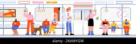 Menschen in der Bahn oder U-Bahn. Männer, Frauen und Kinder lesen Bücher, hören Musik, sitzen und stehen mit Haustieren im U-Bahn-Wagen. U-Bahn-Pendler Stock Vektor