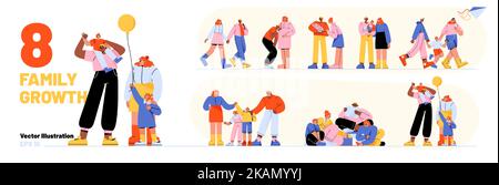 Familienentwicklungsphasen, Lebenszyklus, Wachstumsprozess für Kinder. Paar in der Liebe, Schwangerschaft, Kinder Geburt. Glückliche Eltern mit Sohn und Tochter bei differen Stock Vektor