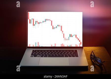 Börsencrash, Rückgang der Aktienkurse. Fallende Trading-Charts. Unternehmen und Finanzen, Investitionen in die Börse. Stockfoto