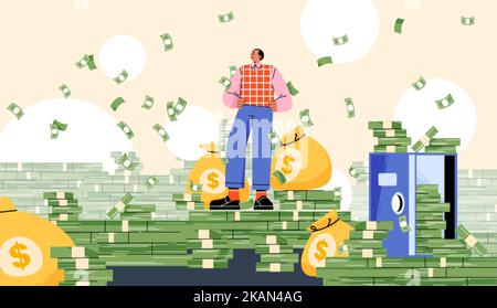 Reicher Mann, der unter Geldregen steht. Millionär oder erfolgreicher Geschäftsmann mit Bargeldstapeln, Scheine, vollen Geldbeuteln, sicheren und fallenden Banknoten Stock Vektor
