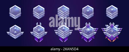 Satz von Game Rank-Symbolen auf dunkelblauem Hintergrund isoliert. Sammlung von sechseckigen Silber-, Platin- oder Stahlmedaillen mit glänzenden Metallsternen und verziert Stock Vektor