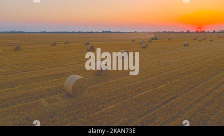 Oben sehen runde Strohballen nach der Ernte, im Hintergrund zieht der Traktor die Rundballenpresse, eine Maschine, die das Stroh aufrollt und eine gepackte Th ausspuckt Stockfoto