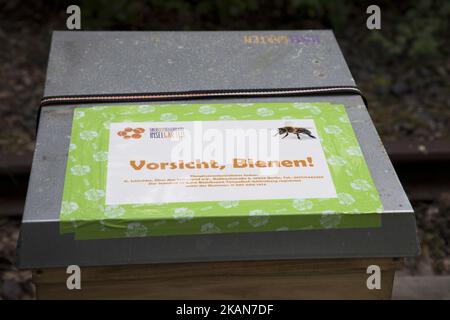 Eine Warnung mit der Aufschrift „Warnung, Bienen“ ist am 22. Mai 2017 auf einer Bienenbox in Berlin abgebildet. Die Deutsche Bahn bietet Hobby-Imkern, bisher rund 50 ha seit oktober 2016 in ganz Deutschland, freien Platz auf ihrem ungenutzten Boden. (Foto von Emmanuele Contini/NurPhoto) *** Bitte benutzen Sie die Gutschrift aus dem Kreditfeld *** Stockfoto