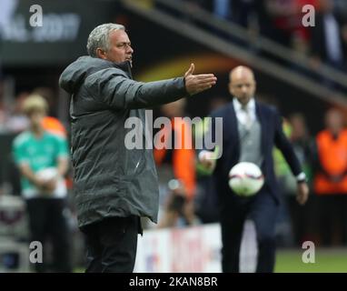 Der portugiesische Manager von Manchester United, Jose Mourino, reagiert während des UEFA Europa League-Endspiels Ajax Amsterdam gegen Manchester United am 24. Mai 2017 in der Friends Arena in Solna bei Stockholm (Foto von Ahmad Mora/NurPhoto) *** Bitte nutzen Sie die Gutschrift aus dem Kreditfeld *** Stockfoto