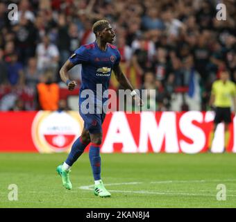 Der französische Mittelfeldspieler Paul Pogba von Manchester United feiert den Torstand während des UEFA Europa League-Finalspiels Ajax Amsterdam gegen Manchester United am 24. Mai 2017 in der Friends Arena in Solna bei Stockholm. (Foto von Raddad Jebarah/NurPhoto) *** Bitte nutzen Sie die Gutschrift aus dem Kreditfeld *** Stockfoto