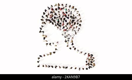 Konzept oder konzeptuelle große Versammlung von Menschen, die ein Bild eines menschlichen Gehirns auf weißem Hintergrund bilden. Eine 3d-Illustration Metapher für die Wissenschaft Stockfoto