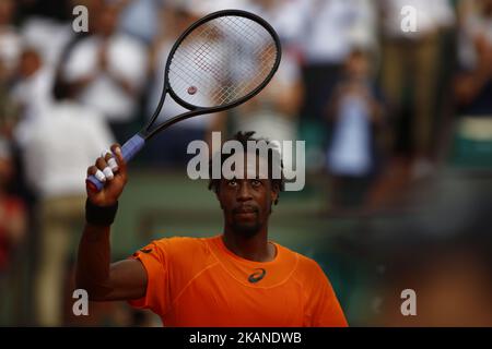 Gael Monfils aus Frankreich reagiert während der Roland Garros French Tennis Open 2017, am 1. Juni 2017, im Roland Garros Stadion in Paris, Frankreich (Foto von Mehdi Taamallah/NurPhoto) *** Bitte benutzen Sie die Gutschrift aus dem Credit Field *** Stockfoto