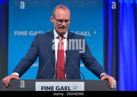 Simon Coveney von Fine Gael spricht mit der Menge, nachdem er die Stimme für den neuen Anführer von Fine Gael verloren hatte. Leo Varadkar wurde zum neuen Vorsitzenden von Fine Gael gewählt und ist auf dem Weg, Irlands erster schwuler Taoiseach zu werden. Nach der Bildung einer Minderheitsregierung von Fine Gael im Mai 2016 wurde Leo Varadkar zum Minister für Sozialschutz ernannt. Nach dem Rücktritt von Enda Kenny als Anführer von Fine Gael im Mai 2017 kündigte Varadkar seine Kandidatur für den Parteivorsitzenden an. Bei den Führungswahlen von Fine Gael stand er dem Minister für Wohnungsbau Simon Coveney gegenüber. Heute, am 2.. Juni 2017, wurde es bekannt gegeben Stockfoto