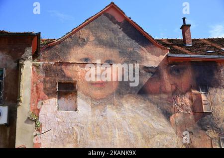 Julien de Casabianca machte am 10. Juni 2017 in Zagreb, Kroatien, eine Wandmalerei auf dem legendären Dolac-Markt, inspiriert vom Bild des berühmten kroatischen Malers Vlaho Bukovac, „Mein Nest“. (Foto von Alen Gurovic/NurPhoto) *** Bitte nutzen Sie die Gutschrift aus dem Kreditfeld *** Stockfoto