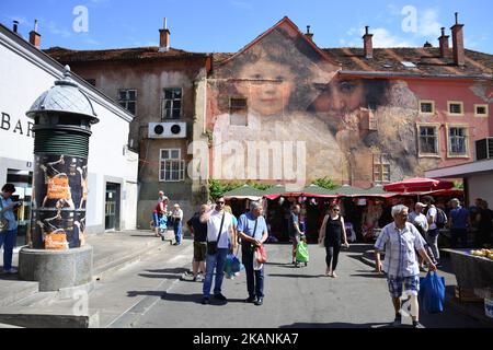 Julien de Casabianca machte am 10. Juni 2017 in Zagreb, Kroatien, eine Wandmalerei auf dem legendären Dolac-Markt, inspiriert vom Bild des berühmten kroatischen Malers Vlaho Bukovac, „Mein Nest“. (Foto von Alen Gurovic/NurPhoto) *** Bitte nutzen Sie die Gutschrift aus dem Kreditfeld *** Stockfoto