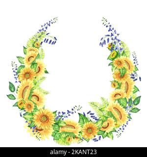 Aquarell-Kranz aus Sonnenblumen, Blubells und Delphinium. Voller grüner Blätter und Farne. Handgemalte Komposition. Kann zum Drucken von Karten verwendet werden, in Stockfoto