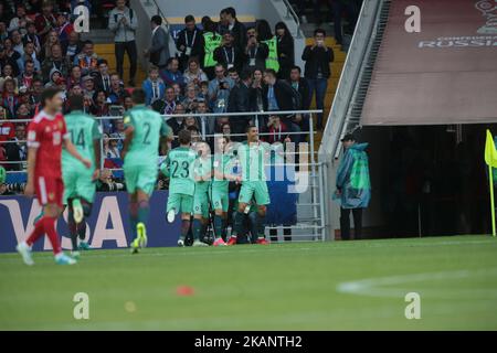 Cristiano Ronaldo von der portugiesischen Fußballnationalmannschaft feiert nach einem Tor beim Spiel des FIFA Confederations Cup 2017, erste Etappe - Gruppe A zwischen Russland und Portugal im Spartak-Stadion am 21. Juni 2017 in Moskau, Russland. (Foto von Igor Russak/NurPhoto) *** Bitte nutzen Sie die Gutschrift aus dem Kreditfeld *** Stockfoto