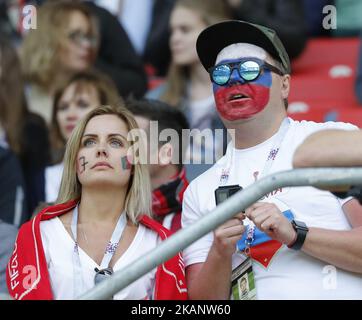 Unterstützer während des Spiels der Gruppe A - FIFA Confederations Cup Russia 2017 zwischen Russland und Portugal im Spartak-Stadion am 21. Juni 2017 in Moskau, Russland. (Foto von Mike Kireev/NurPhoto) *** Bitte nutzen Sie die Gutschrift aus dem Kreditfeld *** Stockfoto