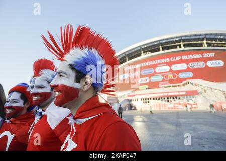 Chilenische Nationalmannschaftsfans beim FIFA Confederations Cup Russia 2017 Halbfinalspiel zwischen Portugal und Chile in der Kazan Arena am 28. Juni 2017 in Kazan, Russland. (Foto von Mike Kireev/NurPhoto) *** Bitte nutzen Sie die Gutschrift aus dem Kreditfeld *** Stockfoto