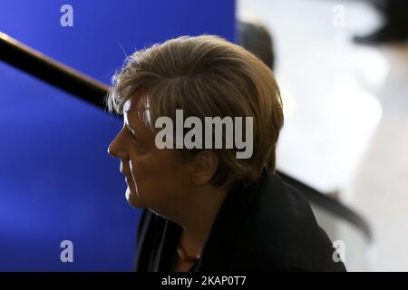 Bundeskanzlerin Angela Merkel nimmt am 1. Juli 2017 an der Gedenkfeier für den ehemaligen deutschen Bundeskanzler Helmut Kohl im Europäischen Parlament in Straßburg, Ostfrankreich, Teil. Kohl, der die deutsche Wiedervereinigung überwachte und eine treibende Kraft für die europäische Integration war, starb am 16. Juni im Alter von 87 Jahren. (Foto von Elyxandro Cegarra/NurPhoto) *** Bitte nutzen Sie die Gutschrift aus dem Kreditfeld *** Stockfoto