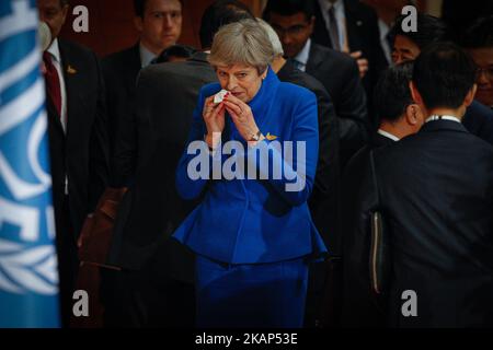 Die britische Premierministerin Theresa May wird am 7. Juli 2017 auf dem Gipfel G20 in Hamburg, Deutschland, zu sehen sein. (Foto von Jaap Arriens/NurPhoto) *** Bitte benutzen Sie die Gutschrift aus dem Kreditfeld *** Stockfoto