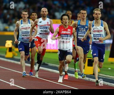 L-R James Hamilton aus Großbritannien, Deliber Rodriguez Ramirez aus Spanien, Steve Morris aus Großbritannien, Sylwester Jaciuk aus Polen, Michael Brannigan aus den USA, Yuki Uemura aus Japan treten am 22. Juli 2017 im Londoner Stadion im Rahmen der Leichtathletik-Weltmeisterschaften im Finale der Männer 800m T20 an (Foto: Kieran Galvin/NurPhoto) *** Bitte verwenden Sie Credit from Credit Field *** Stockfoto