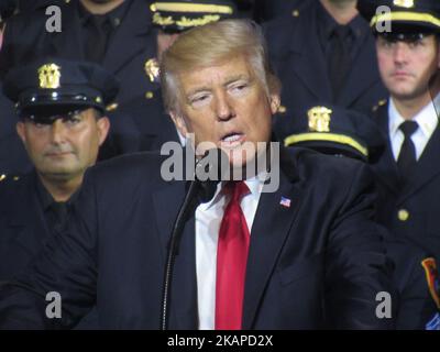 Präsident Donald Trump spricht am 28. Juli 2017 im Suffolk Community College in Brentwood, New York. Trump sprach in der Nähe der gewalttätigen Straßenkrimination MS-13, die eine Reihe von Morden begangen hat, und forderte den Kongress auf, mehr Mittel für die Grenzdurchsetzung und schnellere Abschiebungen bereitzustellen. Trump sprach vor einem Publikum, das auch Strafverfolgungsbeamte und Familienmitglieder von Verbrechensopfern ansprach. (Foto von Kyle Mazza/NurPhoto) *** Bitte nutzen Sie die Gutschrift aus dem Kreditfeld *** Stockfoto