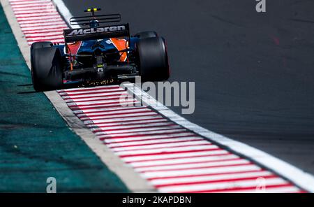 Der Spanier Fernando Alonso und der Fahrer des McLaren Honda F1 Teams gehen während der Qualifikationssitzung beim Formel-1-Grand-Prix von Pirelli in Ungarn am 29. Juli 2017 in Mogyoród, Ungarn. (Foto von Robert Szaniszló/NurPhoto) *** Bitte nutzen Sie die Gutschrift aus dem Kreditfeld *** Stockfoto