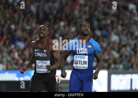 Justin GATLIN, USA, und Gavin SMELLIE, Kanada, während der ersten 100-Meter-Runde im Londoner Stadion am 4. August 2017 bei der Leichtathletik-Weltmeisterschaft 2017. (Foto von Ulrik Pedersen/NurPhoto) *** Bitte nutzen Sie die Gutschrift aus dem Kreditfeld *** Stockfoto