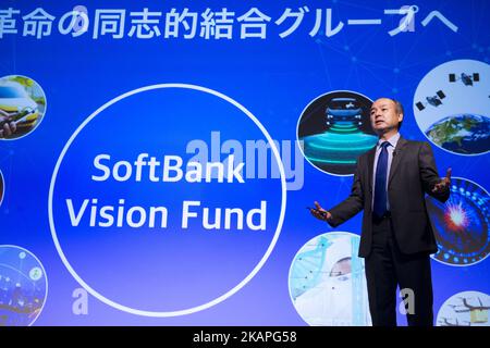 Masayoshi Son, Gründer, Chairman und CEO der SoftBank Group Corp., gibt seine Konzerngewinne auf einer Pressekonferenz am 7. August 2017 in Tokio, Japan, bekannt. Die SoftBank Group Corp. Gab ihre konsolidierten Ergebnisergebnisse für das Quartal 1. (April - Juni 2017) des am 31. März 2018 endenden Geschäftsjahres bekannt. (Foto von Alessandro Di Ciommo/NurPhoto) *** Bitte benutzen Sie die Gutschrift aus dem Kreditfeld *** Stockfoto