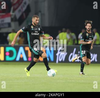 Real Madrid Stürmer Karim Benzema versucht, den Ball während des UEFA Super Cup Finales zwischen Real Madrid und Manchester United am 8. August 2017 in der Philip II Arena, Skopje, Mazedonien, zu kontrollieren. (Foto von Ahmad Mora/NurPhoto) *** Bitte nutzen Sie die Gutschrift aus dem Kreditfeld *** Stockfoto