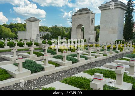 DAS IN Lviv aufgenommene FOTO VOM 20. Juli 2017 zeigt den Friedhof der Verteidiger von Lwow (auch bekannt als Friedhof der Adler von Lwow), eine Grabstätte für die Polen und ihre Verbündeten, die während des polnisch-ukrainischen Krieges (1918?1919) in Lwow starben. Das Außenministerium der Ukraine hat es als einen „unfreundlichen Schritt“ angesehen, in den neuen polnischen Pass ein Grafikdesign mit dem Motiv des Friedhofs der Lemberger Adler zu platzieren. Der polnische Botschafter in Kiew, Jan Pieklo, erhielt eine diplomatische Note zu dieser Angelegenheit. „Wir wollten all jenen Tribut zollen, die für die Freiheit Polens Blut vergossen haben, ganz so Stockfoto