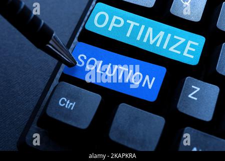 Konzeptunterschrift Lösung optimieren. Wort, das über den Prozess geschrieben wurde, den größten Wert der Lösung zu finden Stockfoto
